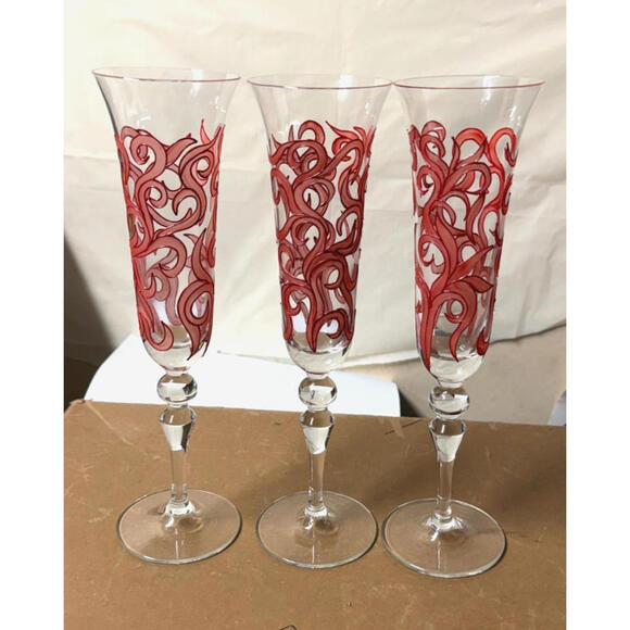 Other - Set of 3 Red Swirl Hand-Painted Champagne Flutes – Elegant‎ Glasses